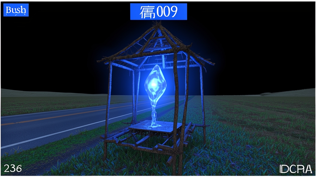 Blue wireframe shrine enclosing a crystal beside a road