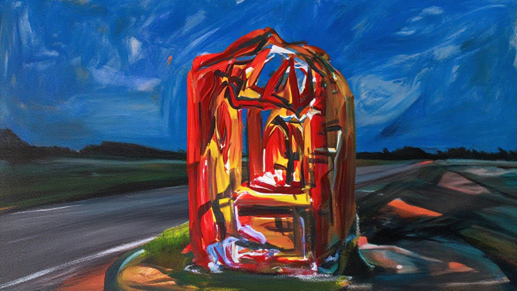 Abstract painted shrine glowing red beside a wet road