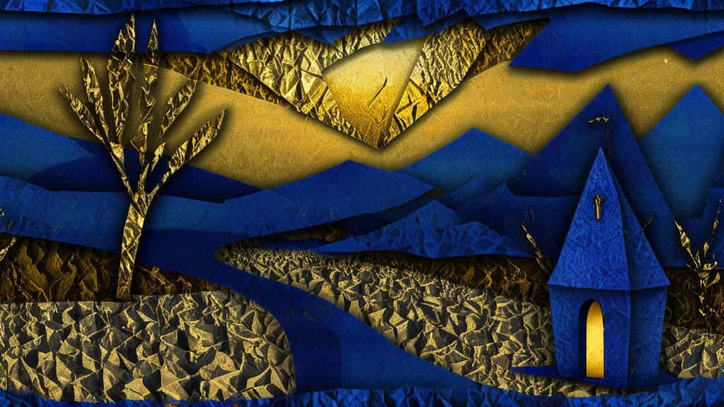 Graphic blue and gold landscape with a tiny roadside chapel