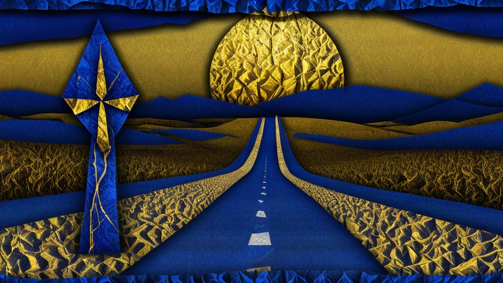 Graphic road leading to a blue chapel beneath a gold moon