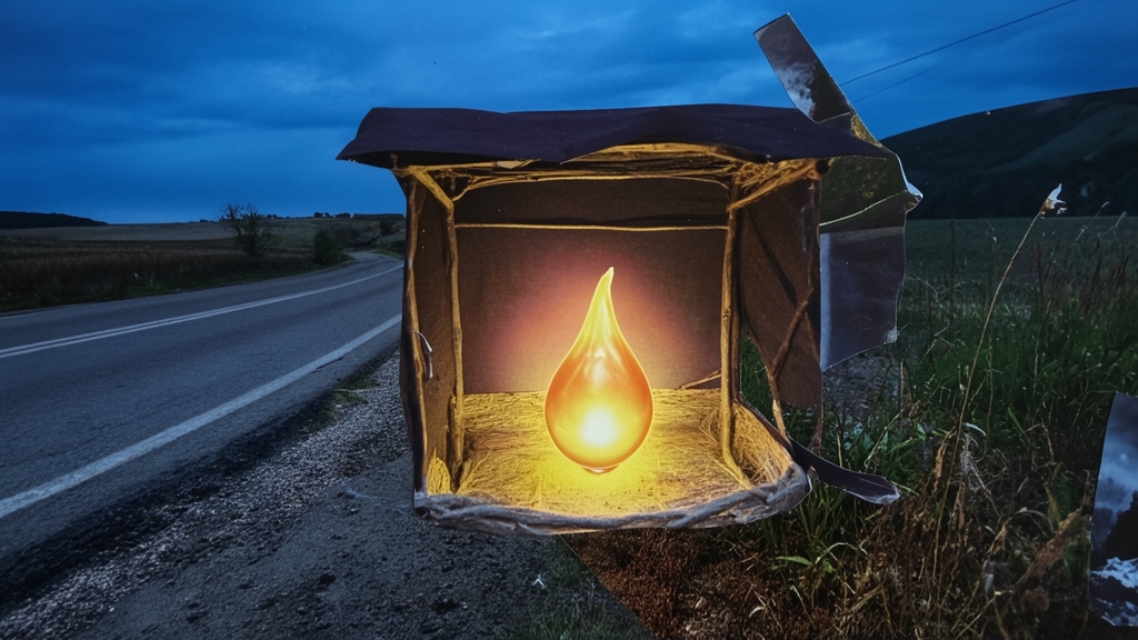 Rough wooden roadside shrine holding a warm flame