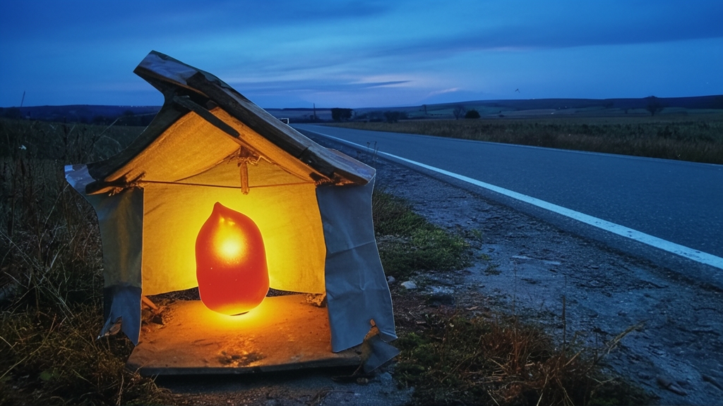 Weathered roadside shrine glowing beside a blue field