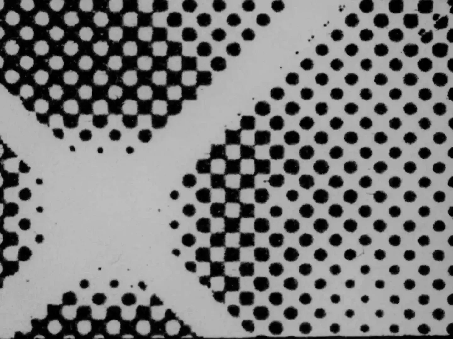 Black and white halftone dot patterns from contact-printed 16mm film, with overlapping geometric shapes creating moiré interference effects