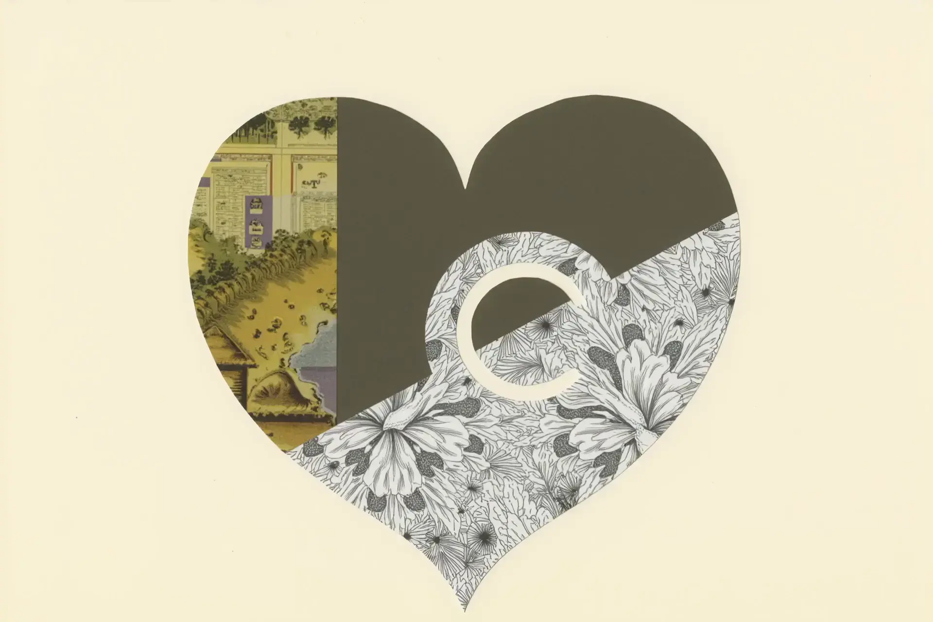 Heart-shaped collage divided into three sections: the left side contains a vintage aerial illustration of a landscape with trees, pathways, and overlaid data tables; the upper right is solid olive green; the lower right features a detailed black and white floral line drawing pattern with a circular cutout revealing the olive beneath. Cream background.