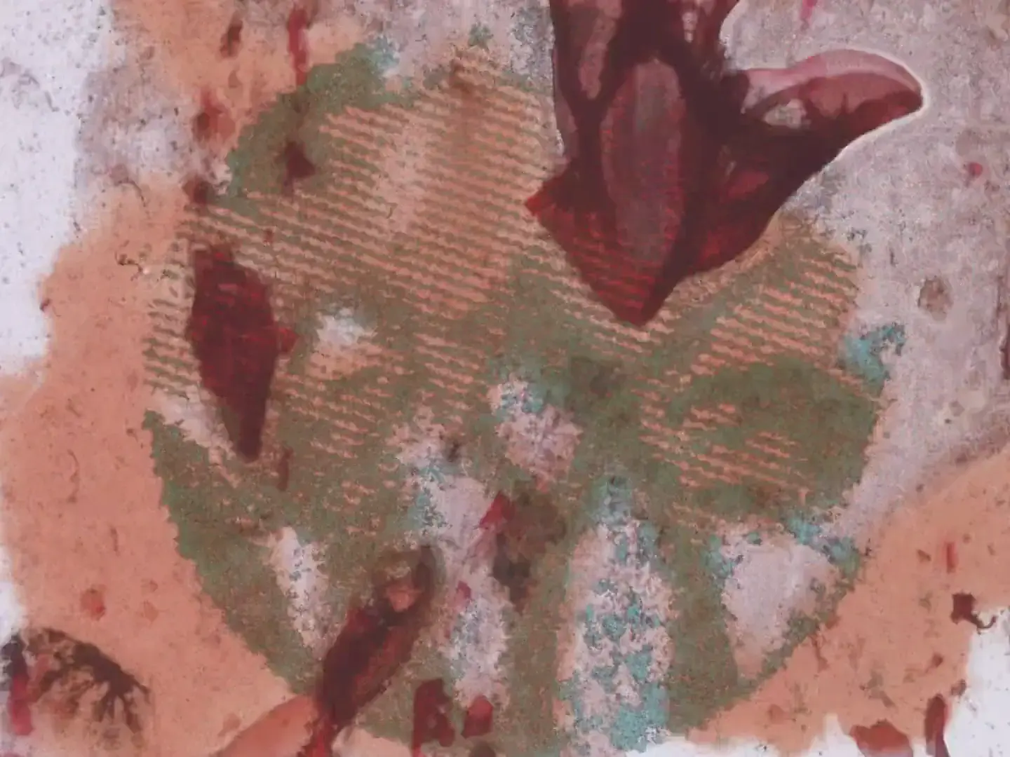 Degraded floral forms with green laserprint hatching on peach-toned film emulsion