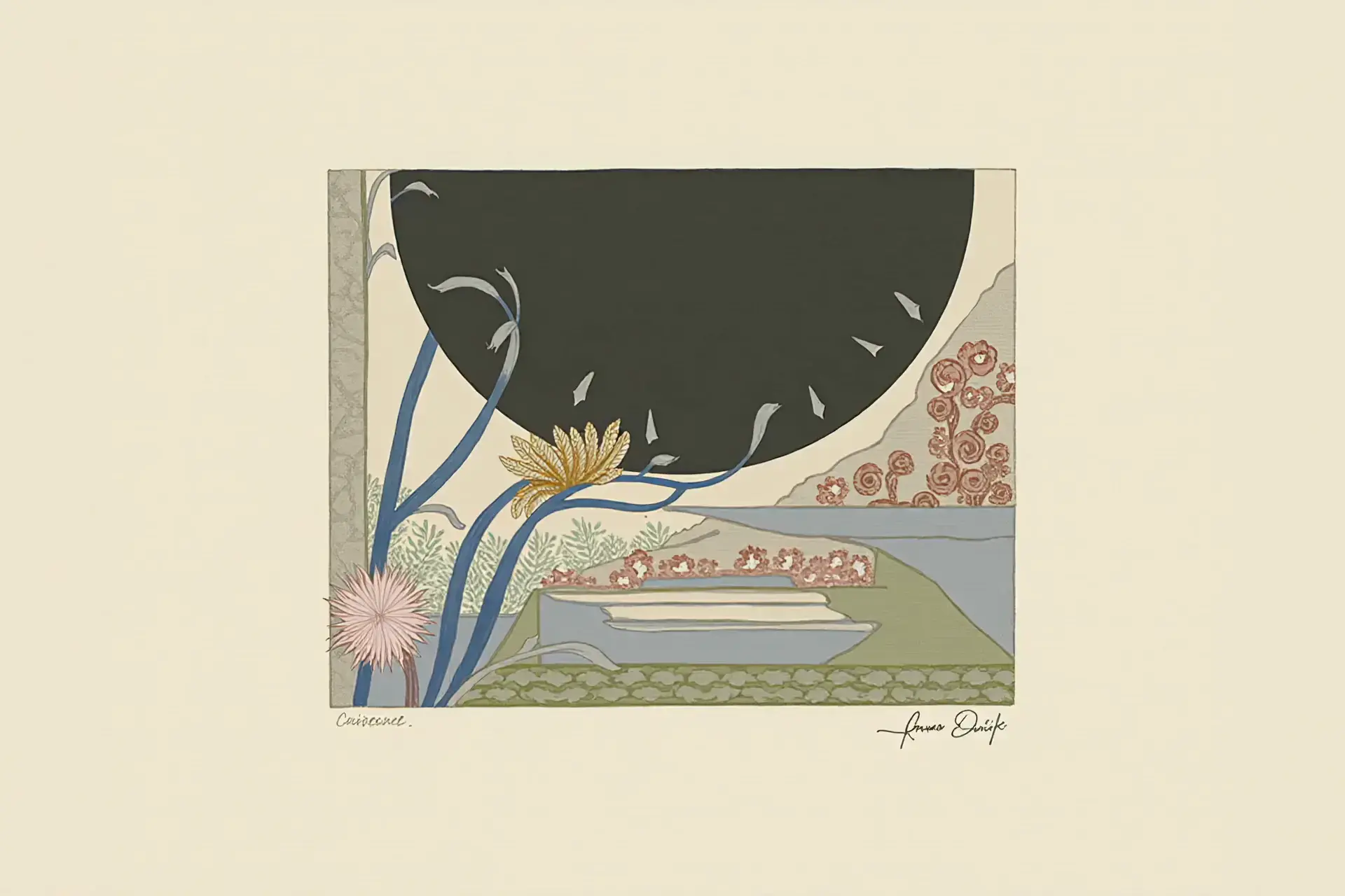 Art Deco style illustration of a formal garden scene: a dominant dark olive semicircle looms over terraced steps and a reflecting pool, flanked by blue curved plant stems, a pink spiky chrysanthemum, golden foliage, and stylized coral spiral roses. Muted palette of sage, dusty pink, and cream. Artist signature in lower right corner.