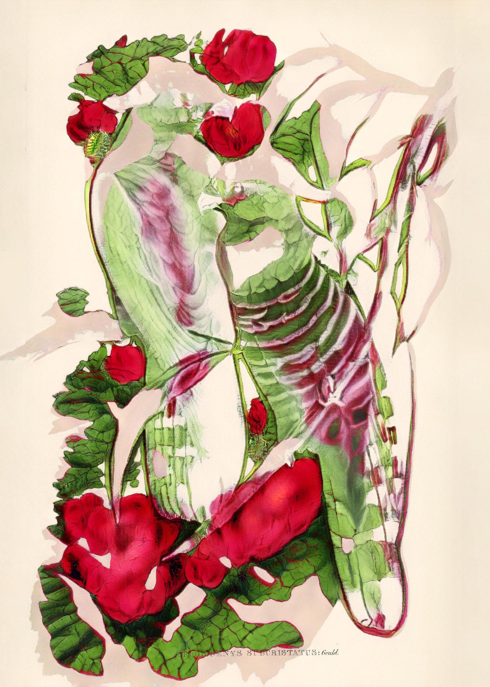 Ghostly parrots dissolving into red roses and green foliage in botanical illustration style