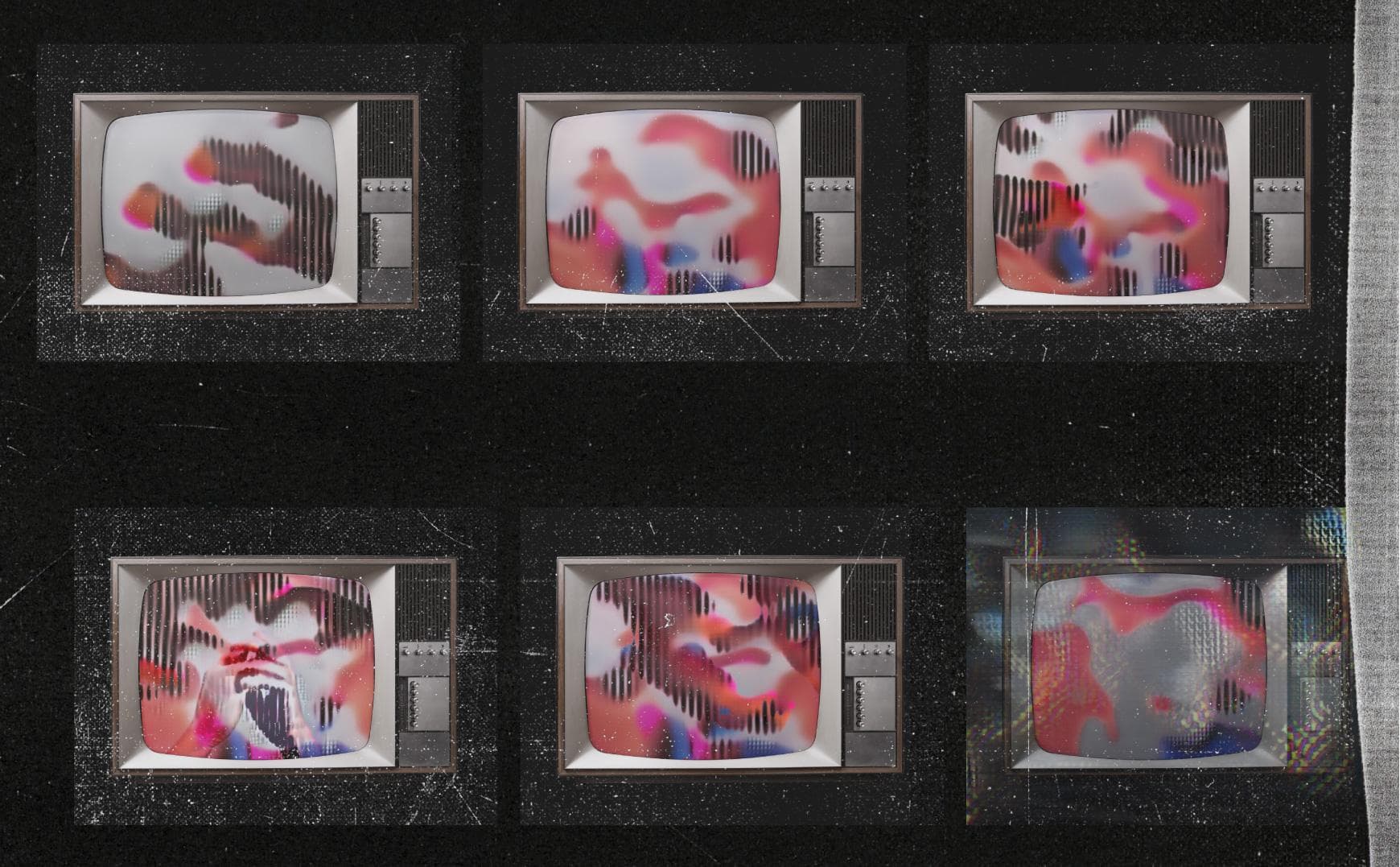 Six televisions featuring abstract imagery