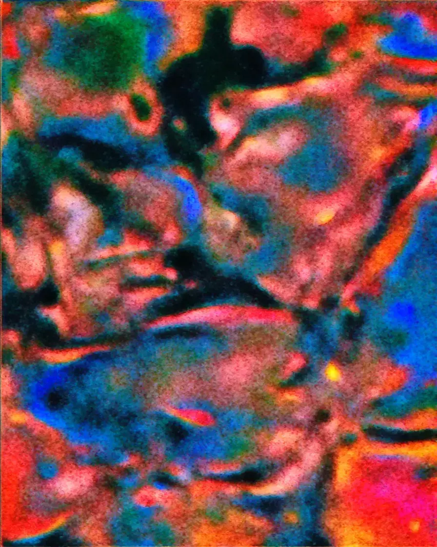 AI-generated abstract texture with saturated reds, blues, and greens in organic blurred forms with heavy digital noise grain