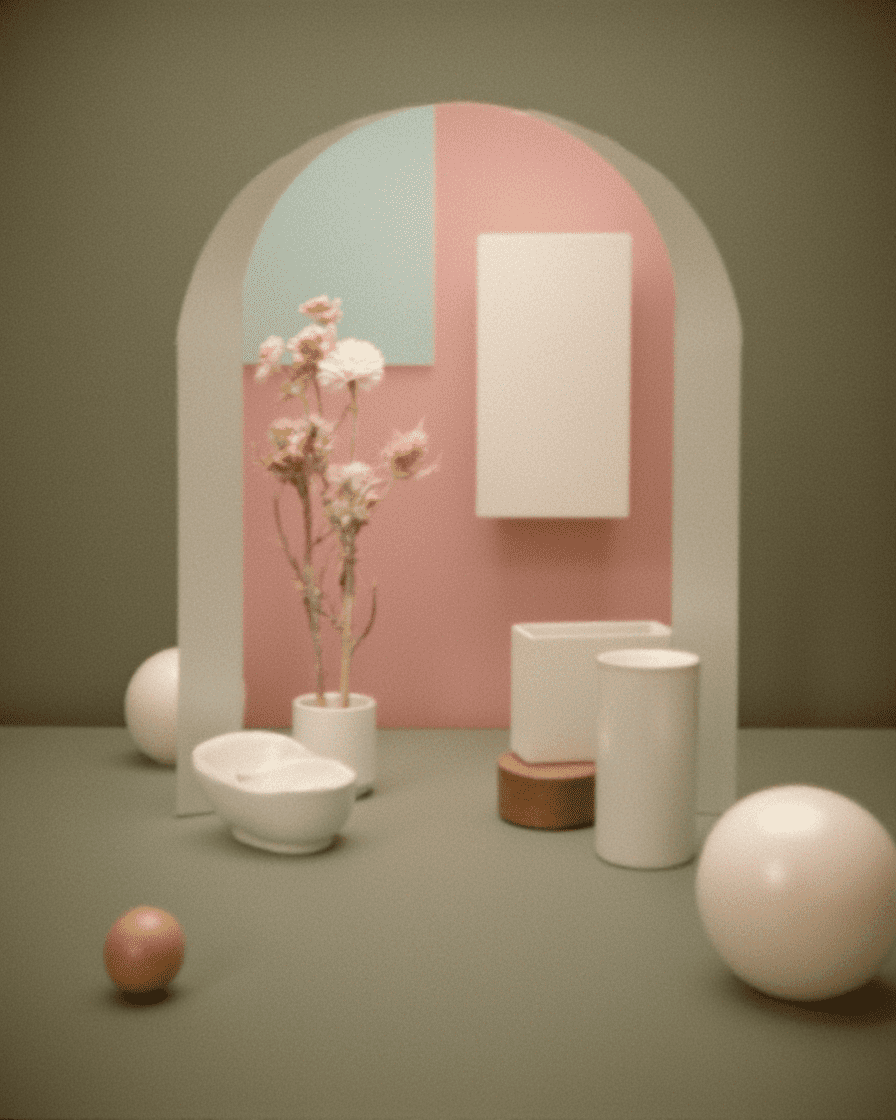 AI-generated minimalist still life scene with arched pastel backdrop, white ceramic vessels, spheres, and dried flowers in soft pink and sage tones