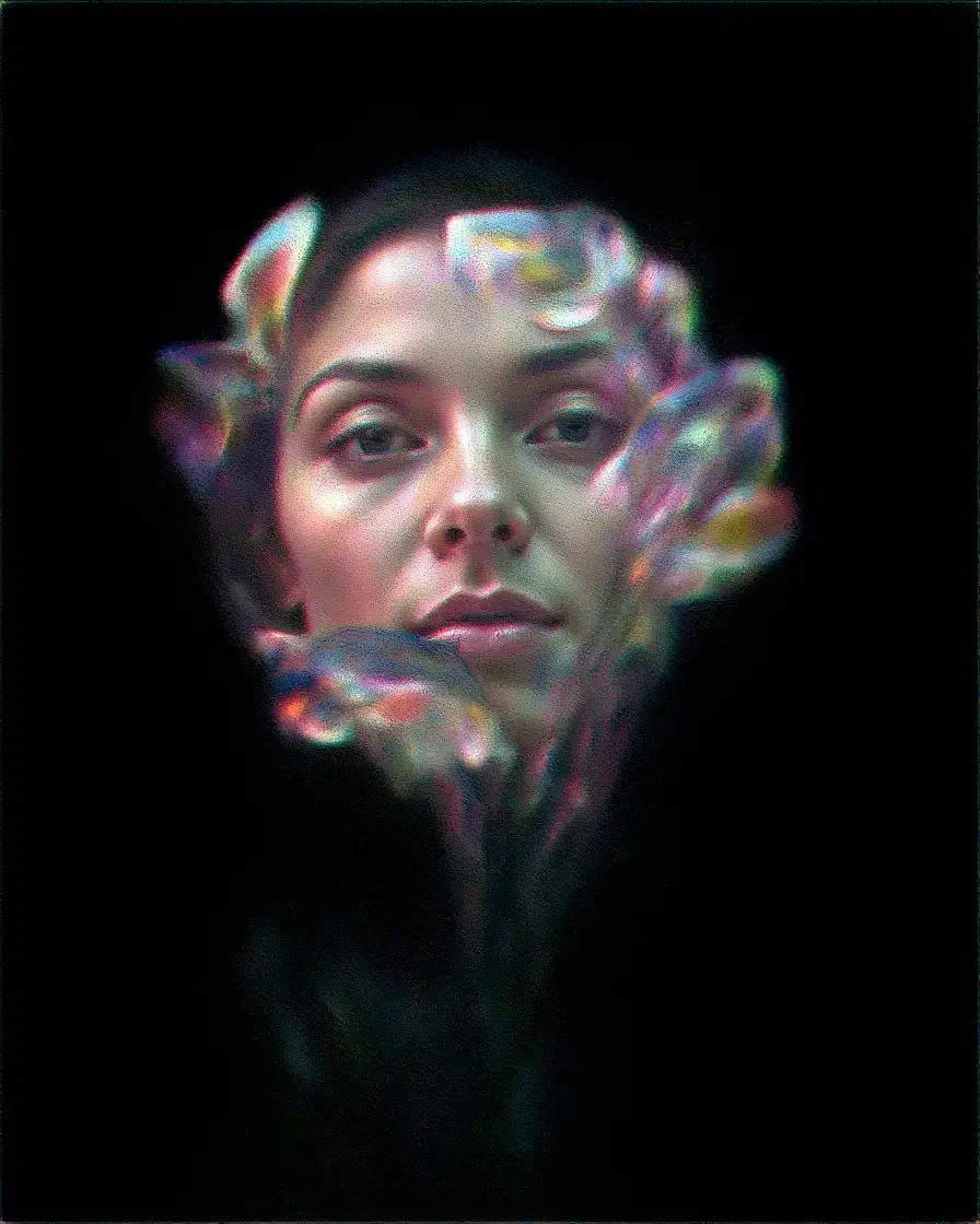 AI-generated portrait with iridescent light projections creating rainbow-hued organic shapes around a face against black background