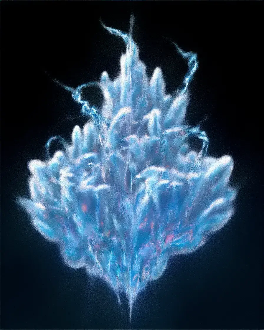 AI-generated ethereal blue crystalline flower form glowing against dark background with subtle pink accents and soft luminous edges