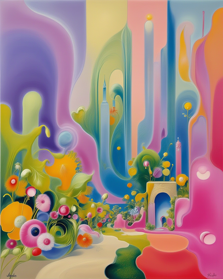 Psychedelic AI-generated landscape with flowing organic shapes, arches, and abstract florals in vibrant rainbow pastels