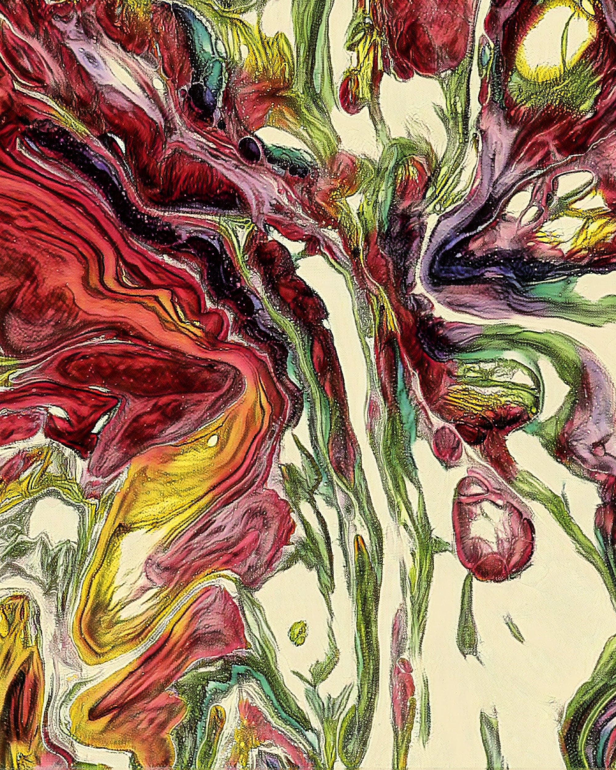 abstract image withflower textures in red, pink, purple, yellow, and greens