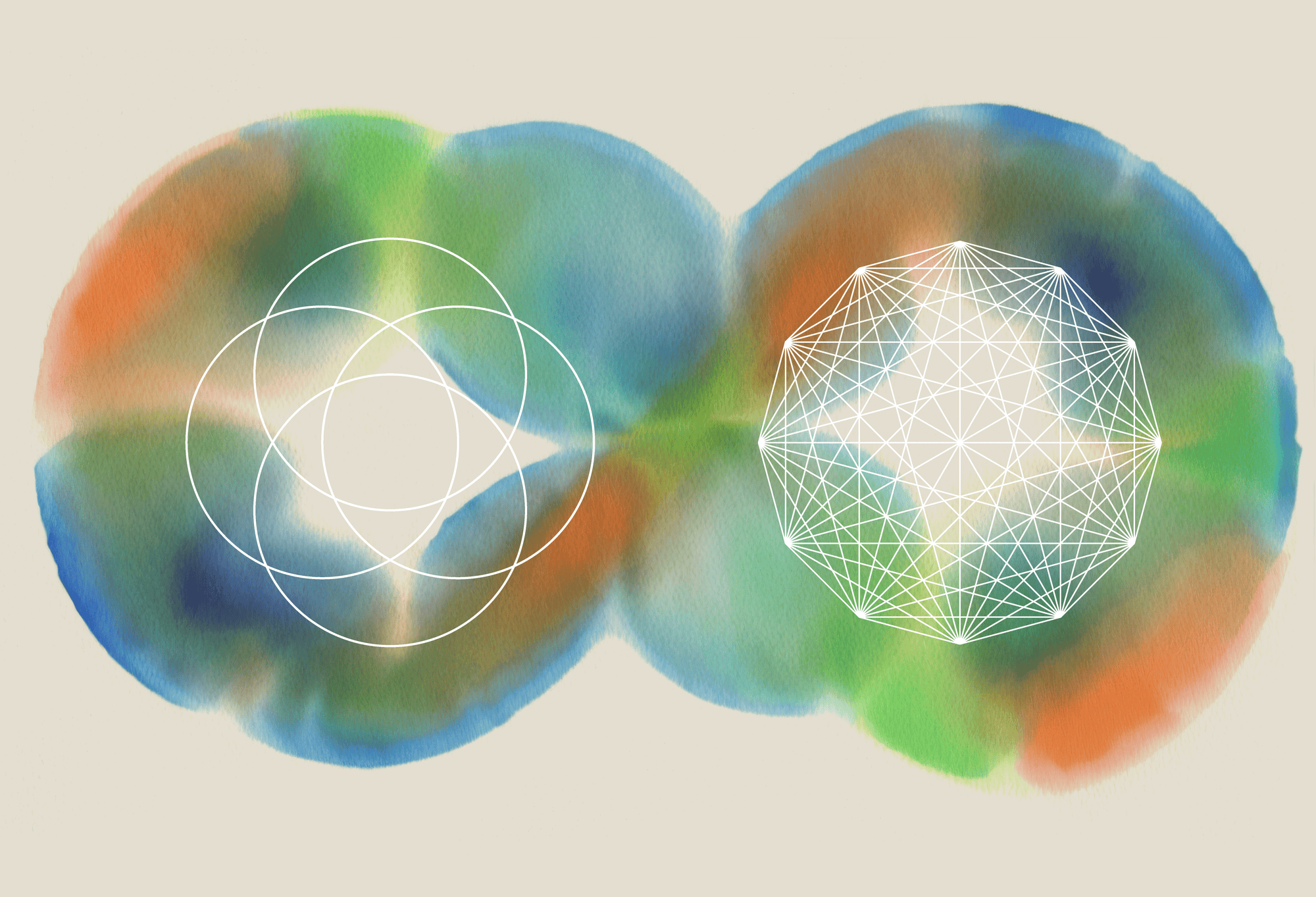 Digital illustration of two overlapping watercolor-style spheres in blue, green, and orange with geometric line drawings of circles and a geodesic network pattern