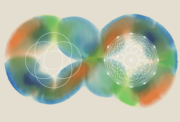 Digital illustration of two overlapping watercolor-style spheres in blue, green, and orange with geometric line drawings of circles and a geodesic network pattern