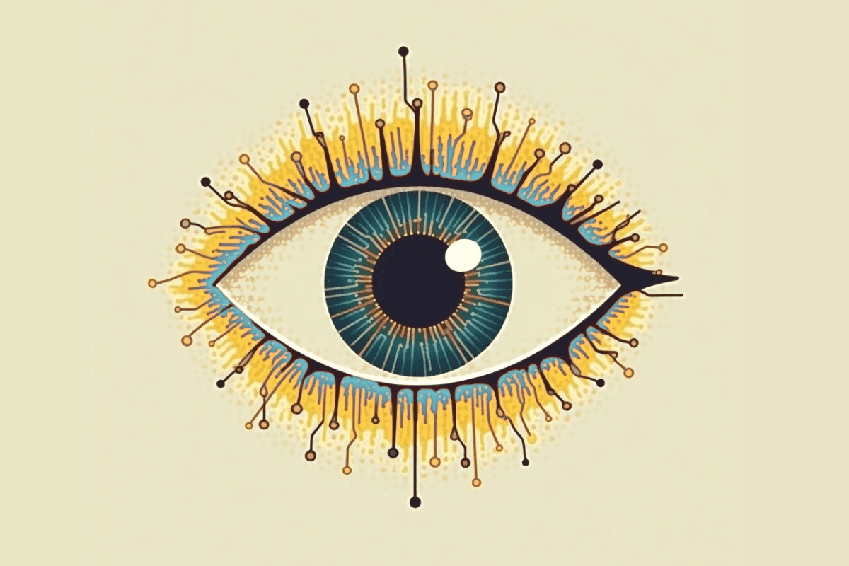 Stylized eye illustration with blue-green iris surrounded by radiating yellow neural-like tendrils with circuit node endings