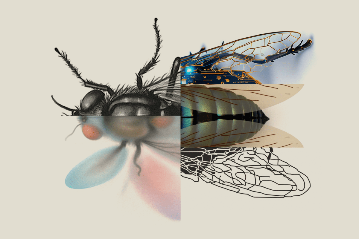 Split illustration of a fly with realistic rendering on left side and circuit board cybernetic components on right side with delicate wing details