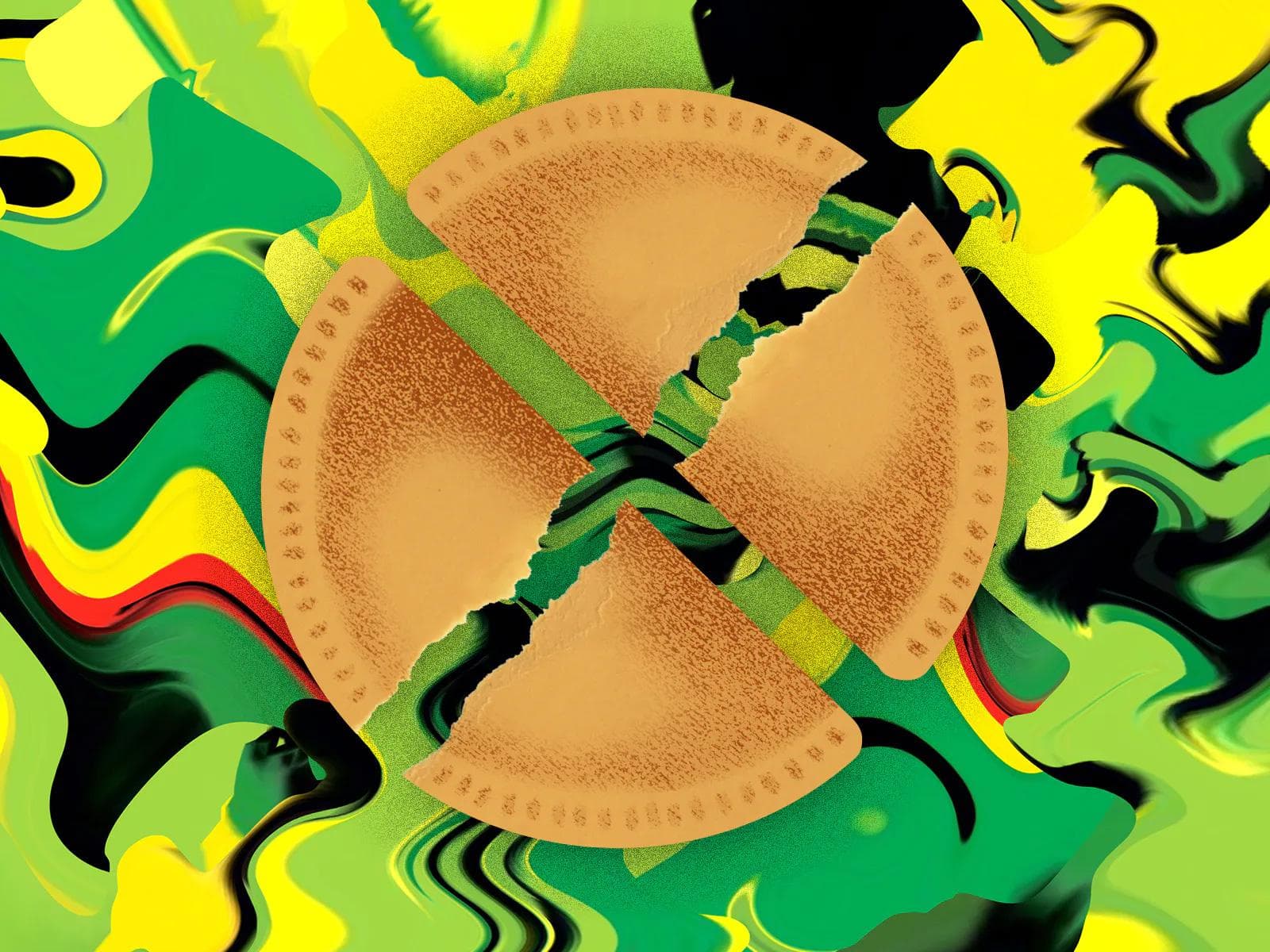illustration of two splt Jamaican beef patties with an abstract swirling background in green, yellow and red