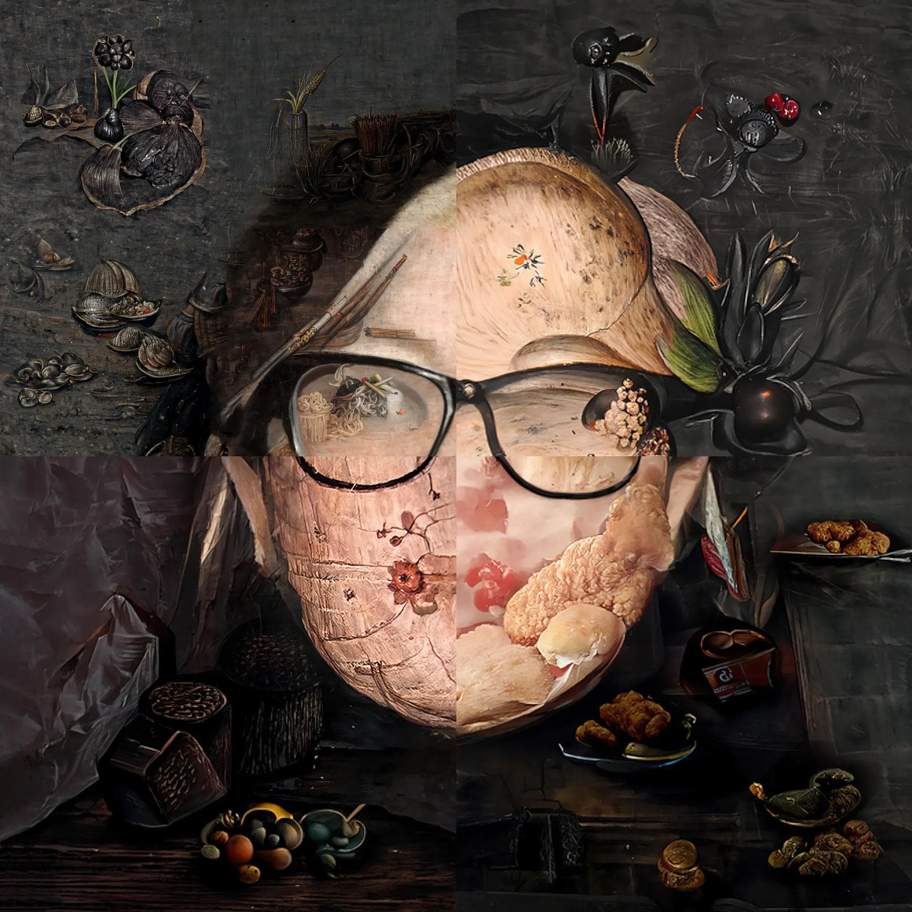 Grid of images that make up a woman’s face with glasses