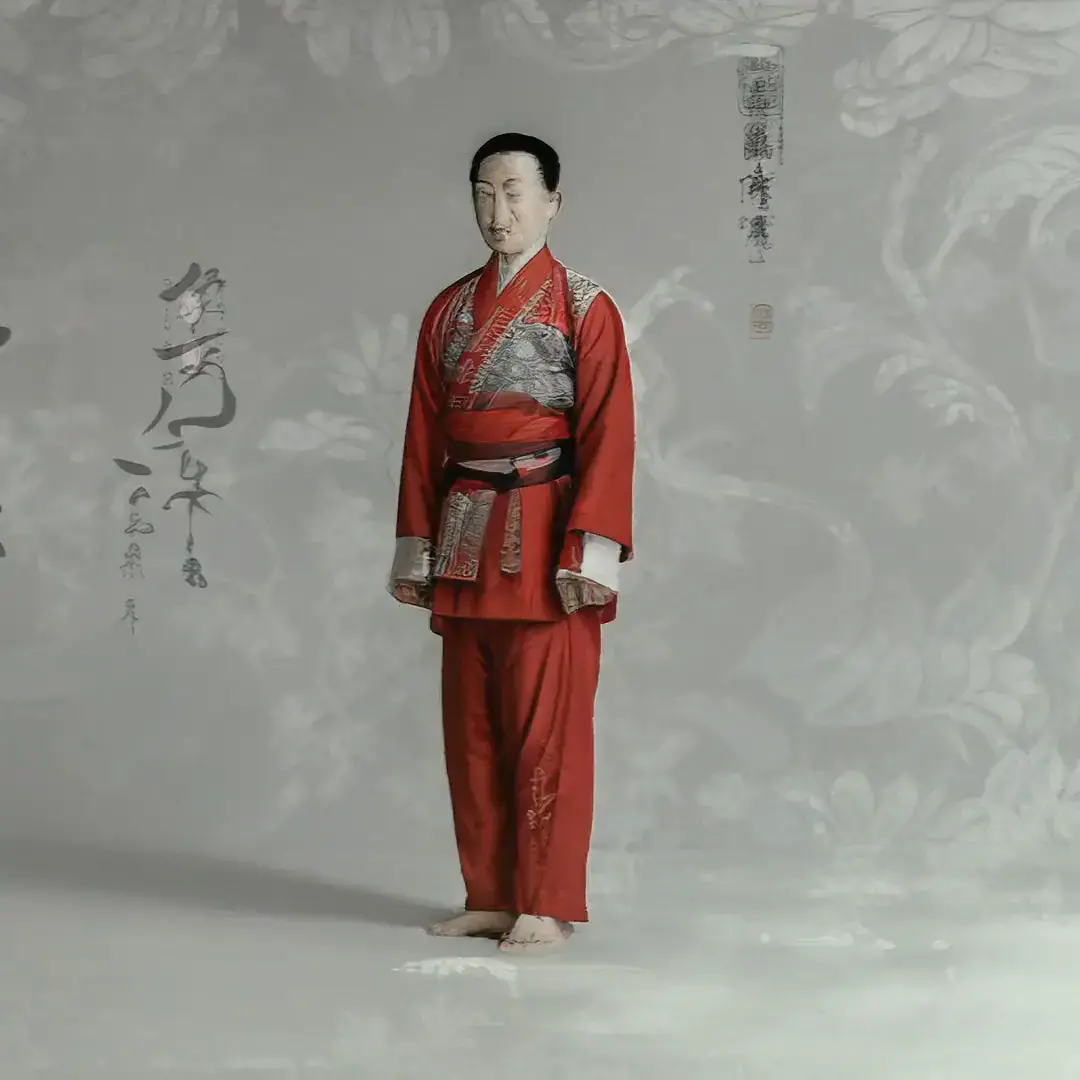 Figure in red traditional robe standing against ornate floral pattern background