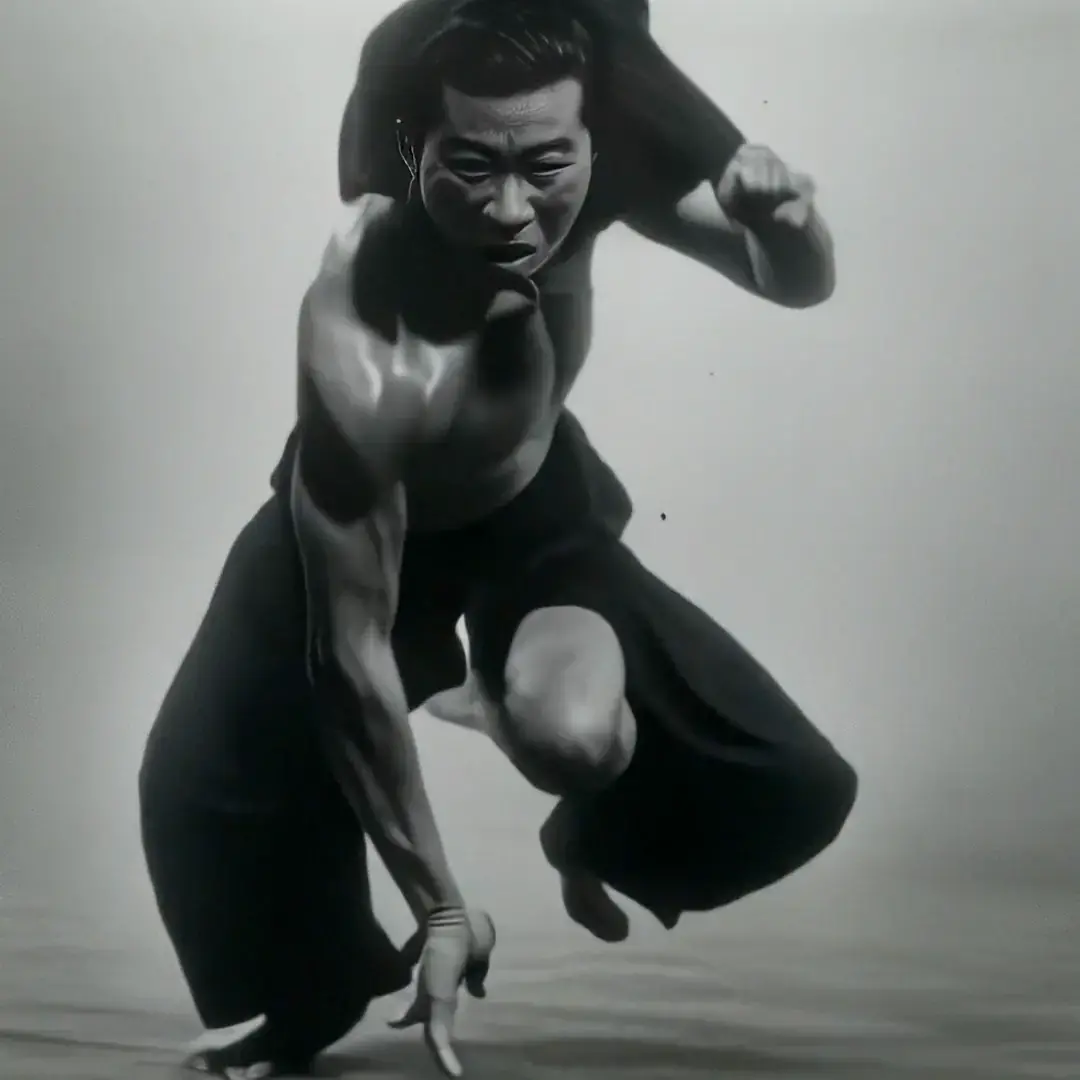 Muscular kung fu fighter in dynamic crouching stance, black and white with film grain