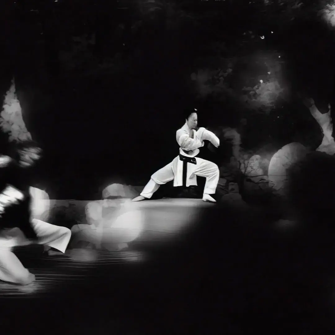 Martial artist in white gi performing kata with ghostly motion blur and cosmic background