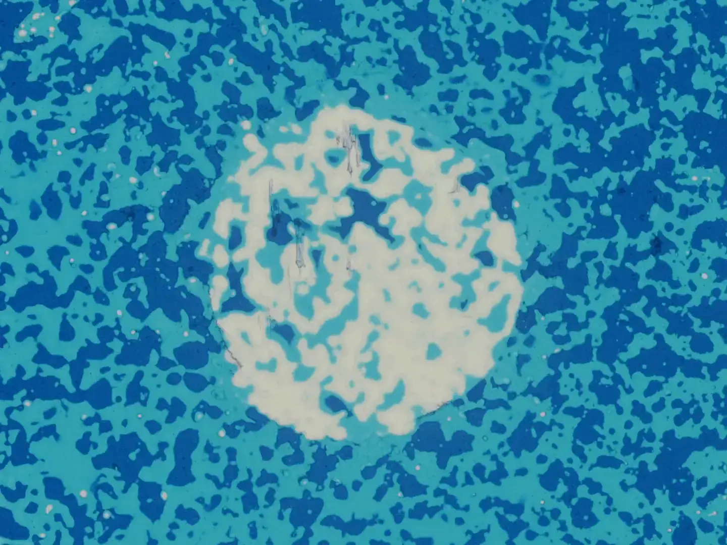 Handmade cameraless film frame with white circular form against blue mottled background, cellular organic patterns in cyan and cobalt tones