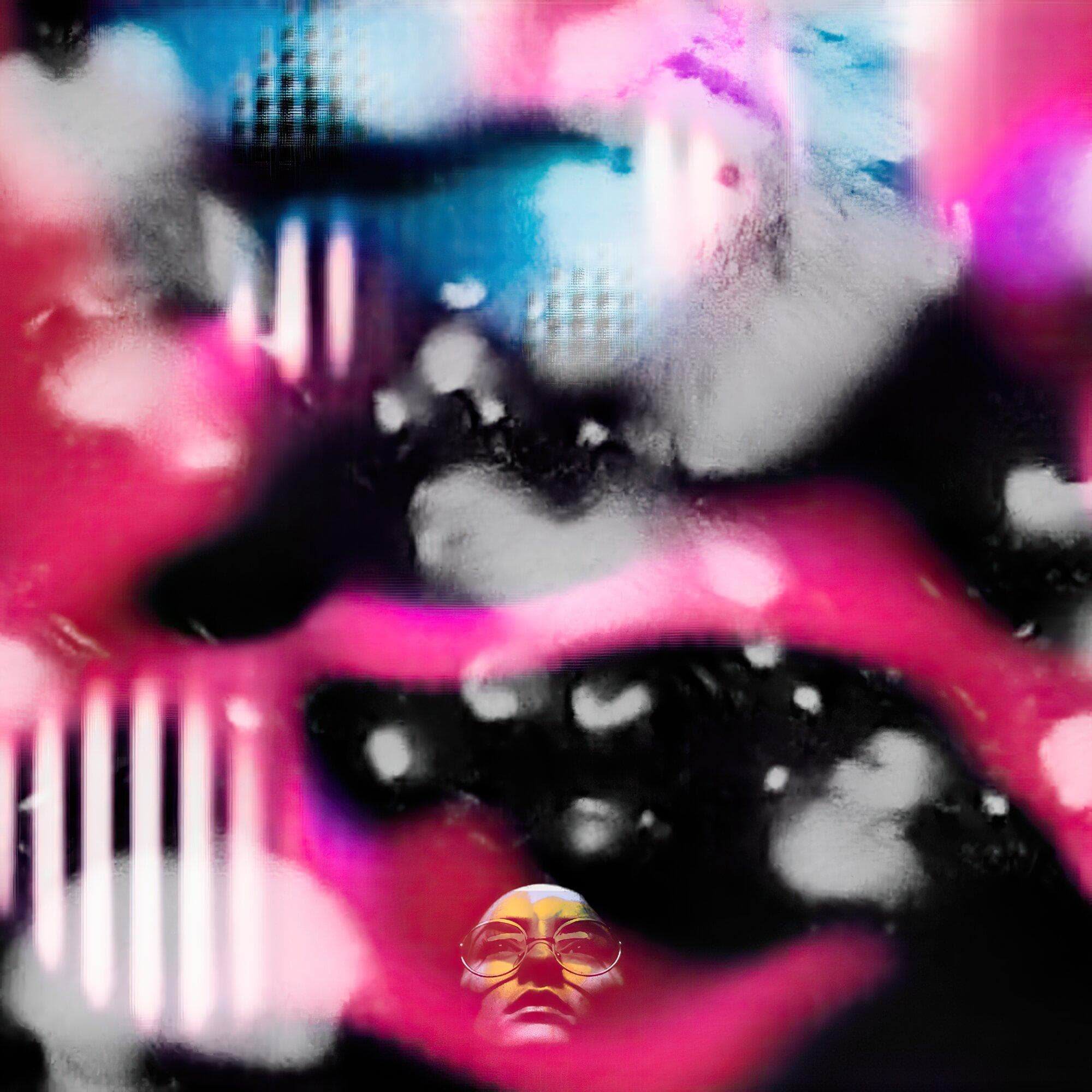 Abstract shapes in front of person wearing glasses