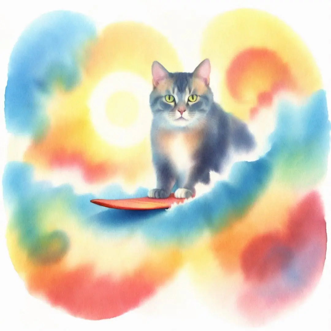 cat on a surfboard surrounded by abstract inks