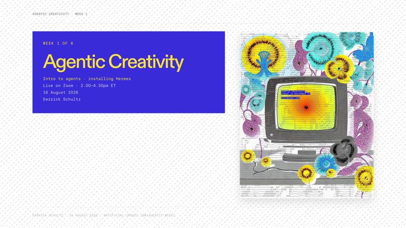 Agentic Creativity title slide: the class poster — a CRT monitor ringed with floral collage — beside a blue panel with the title in yellow