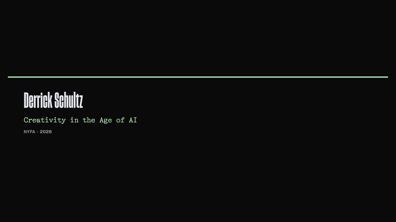 Dark title slide for the NYFA lecture “Creativity in the Age of AI”