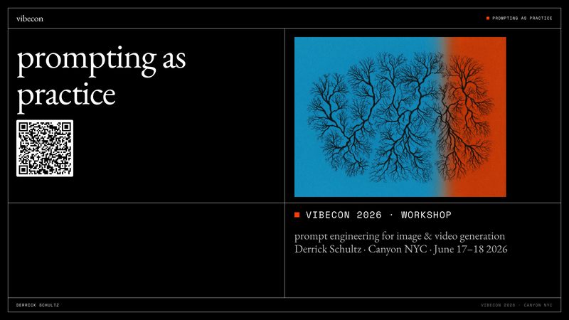 Dark title slide reading “Prompting as Practice”, a vibecon 2026 workshop on prompting for image and video generation